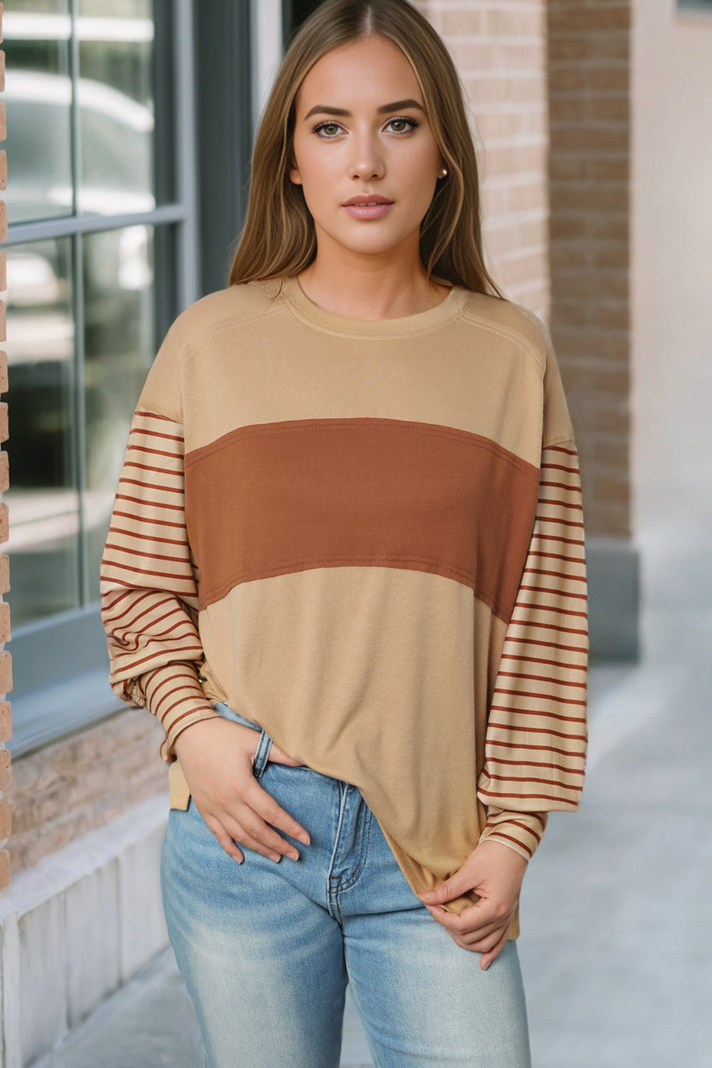 Flaxen Colorblock Striped Bishop Sleeve Top