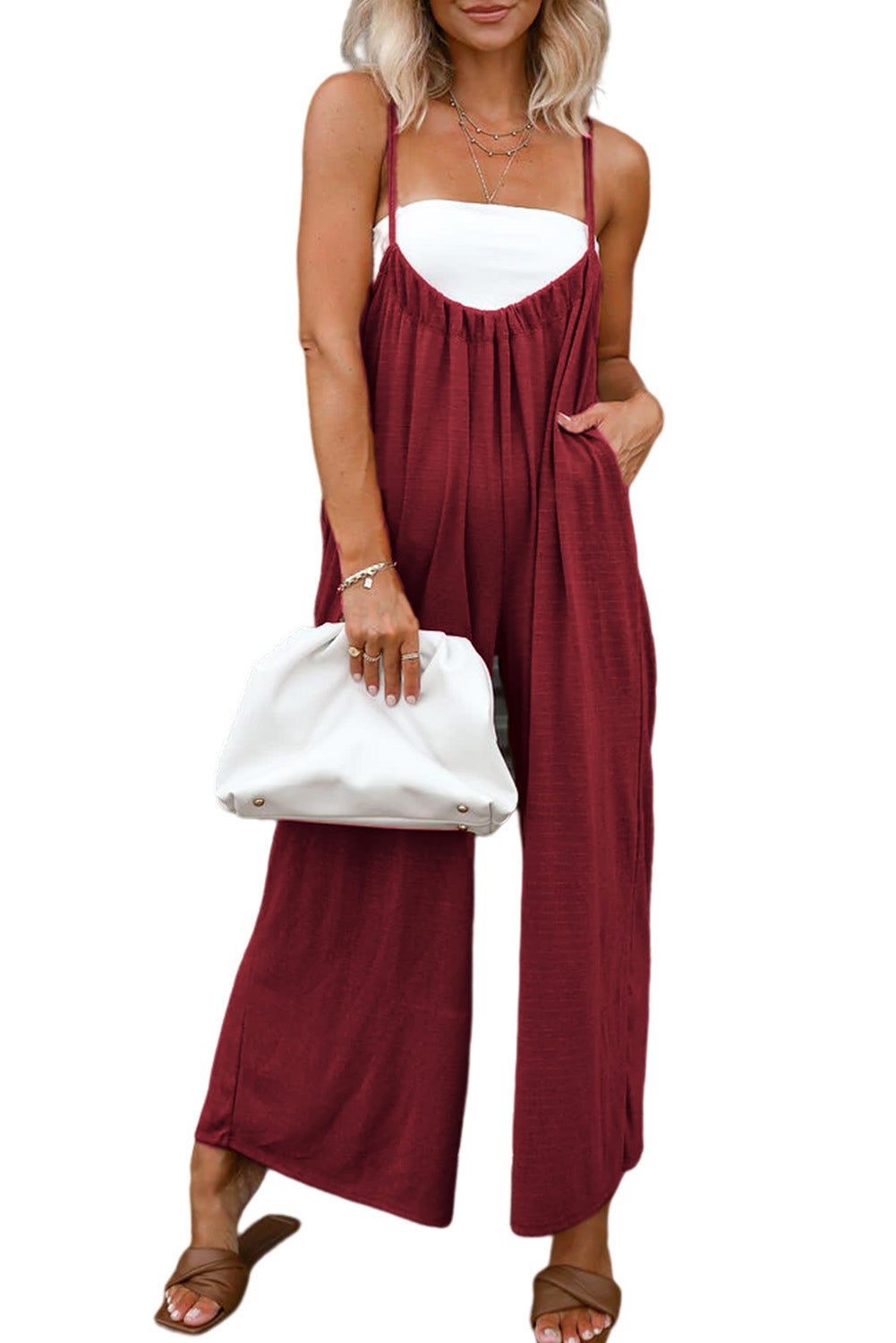 Gray Casual Spaghetti Strap Backless Wide Leg Jumpsuit
