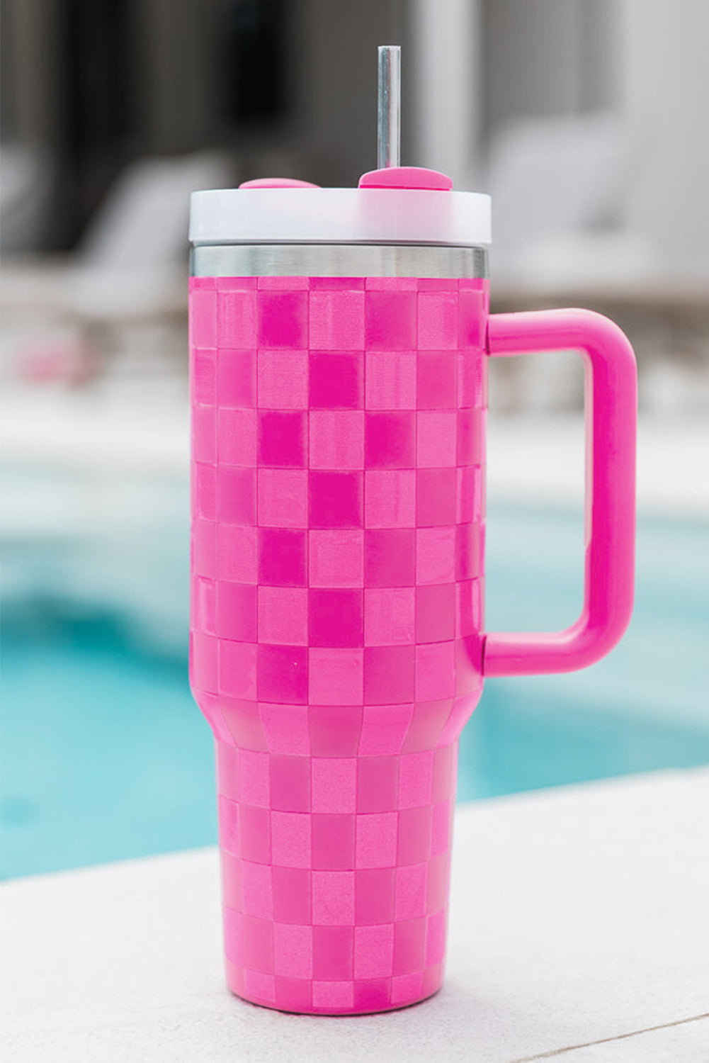 Ginger Pink Checkered Print Handled Stainless Steel Tumbler Cup