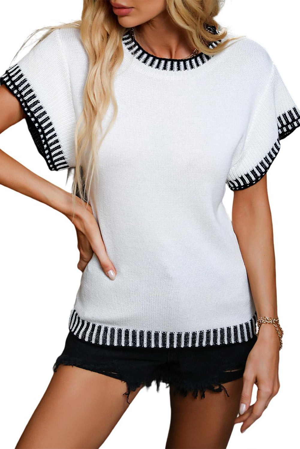 Beige Contrast Trim Round Neck Batwing Sleeve Knitted T Shirt