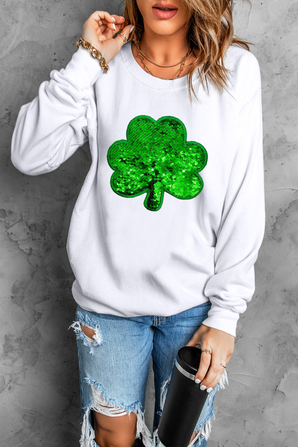 White Sequin Clover Embroidered Drop Shoulder Graphic Sweatshirt