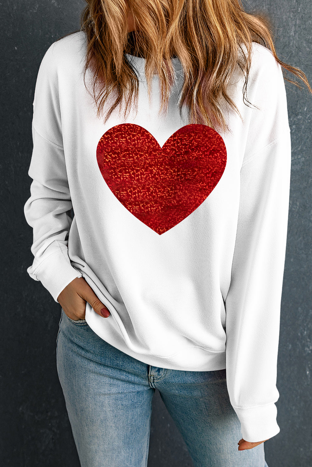 Beige Glitter Valentine Heart Graphic Sweatshirt