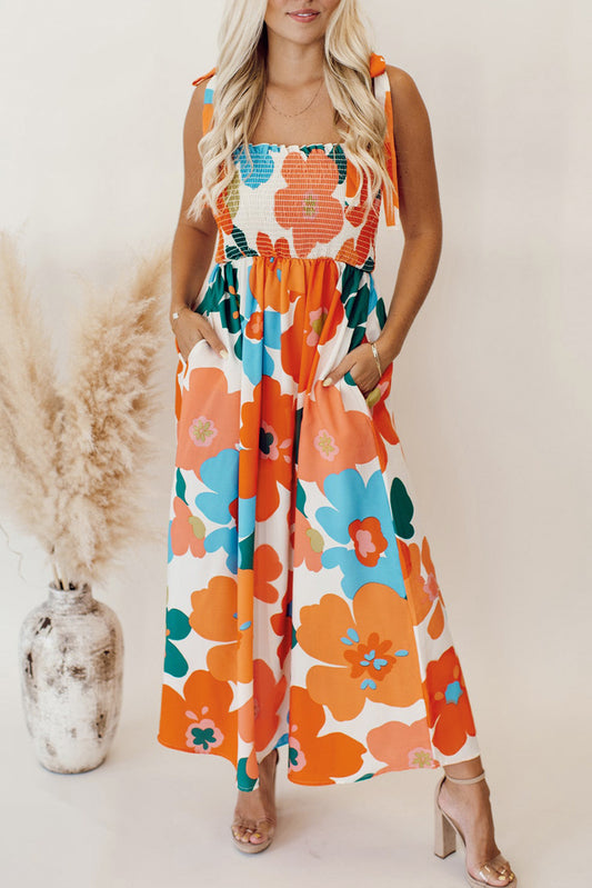 Orange Floral Self Tied Straps Smocked Maxi Dress