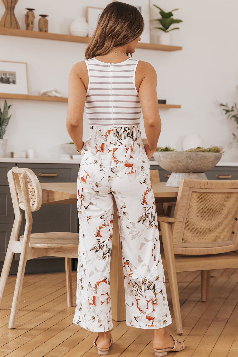 White Striped Floral Pocket Sleeveless Jumpsuit