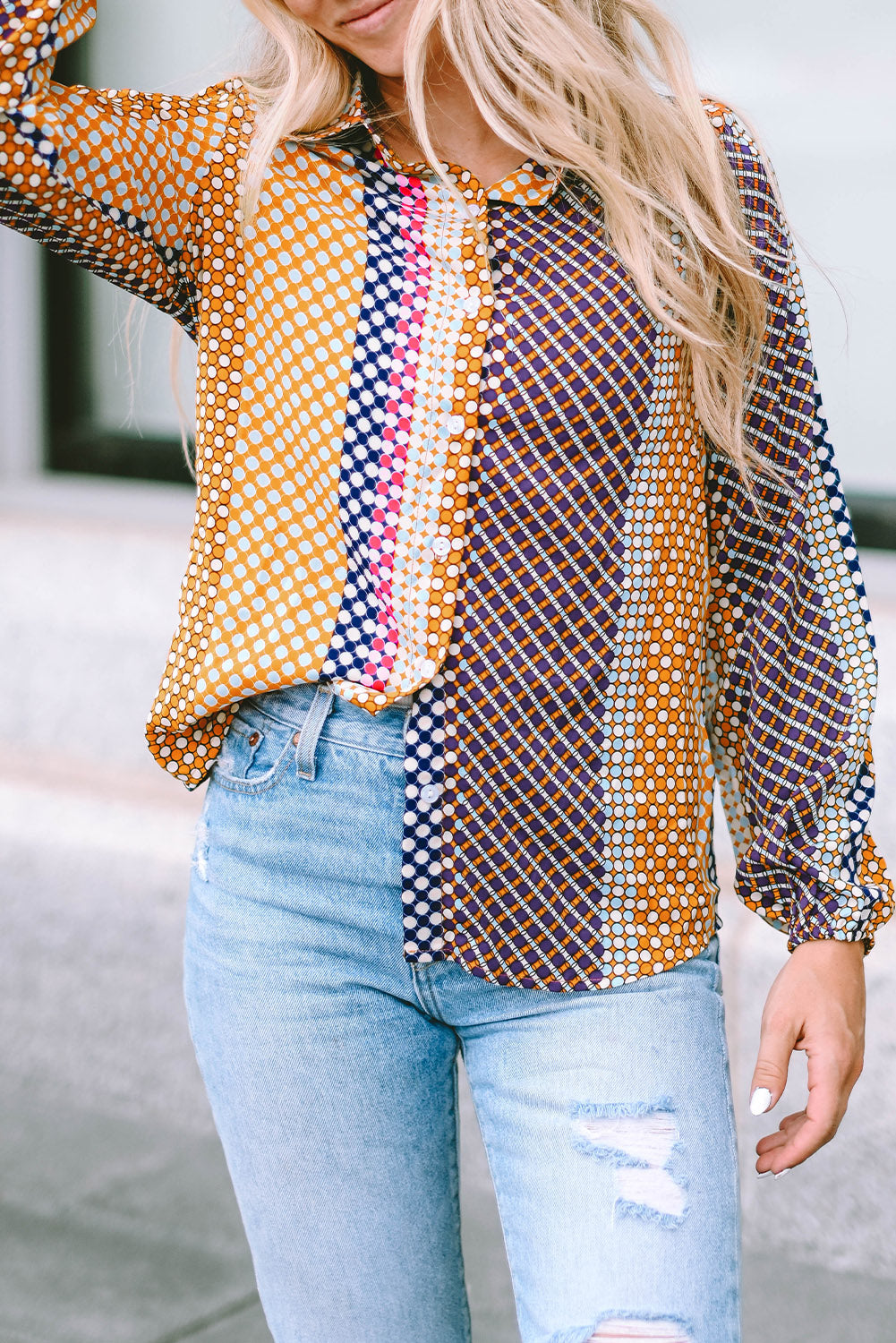 Brown Dot Print Long Sleeve Button Down Shift Shirt