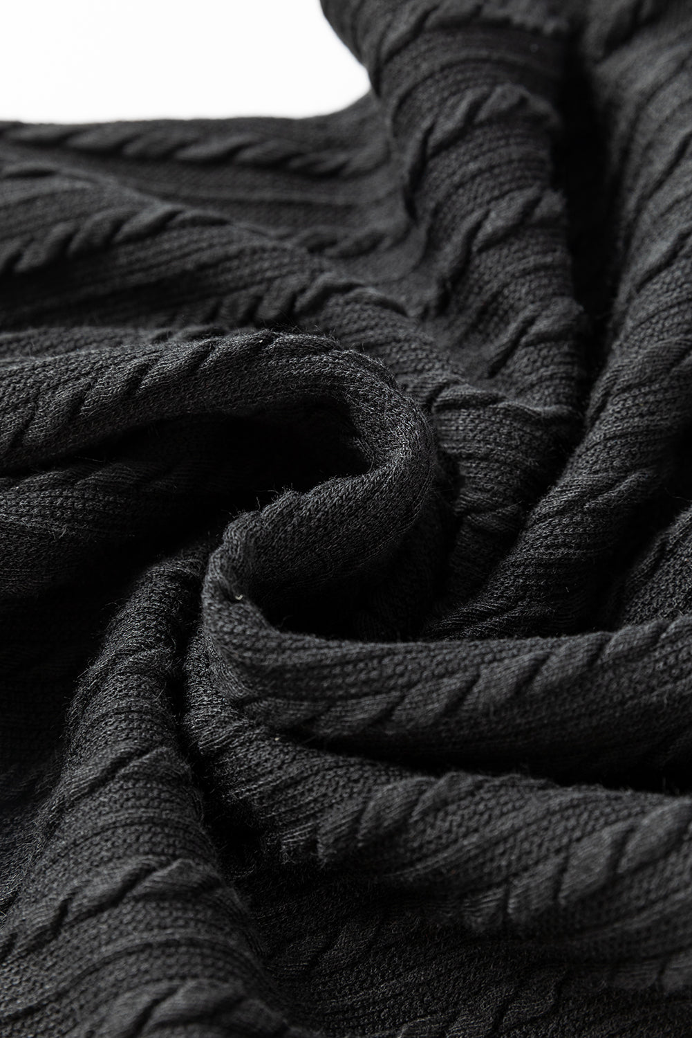 Black Knitted Jacquard V Neck Lantern Sleeve Top