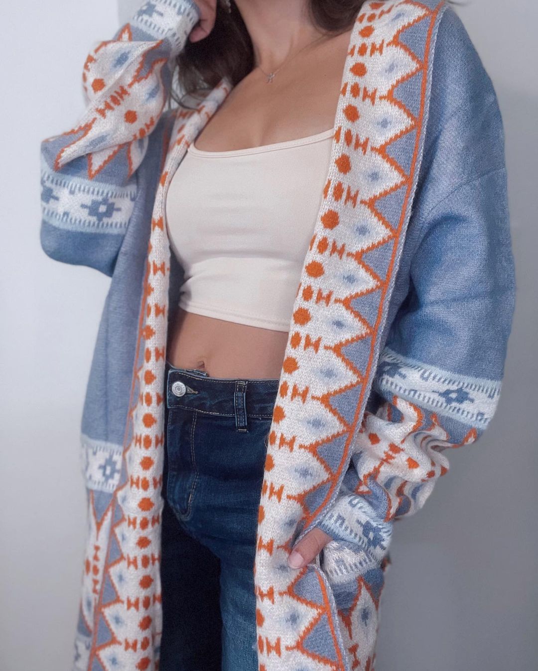 Blue Geometric Print Open Front Knit Cardigan