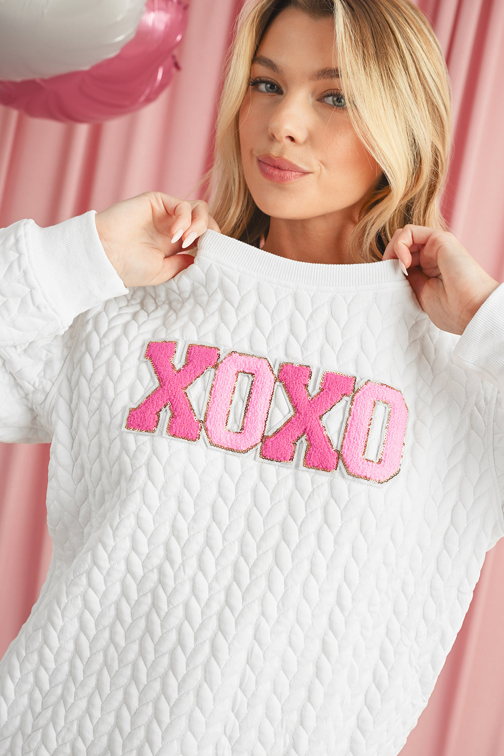 White Lucky Letter Patched Quilted Sweatshirt