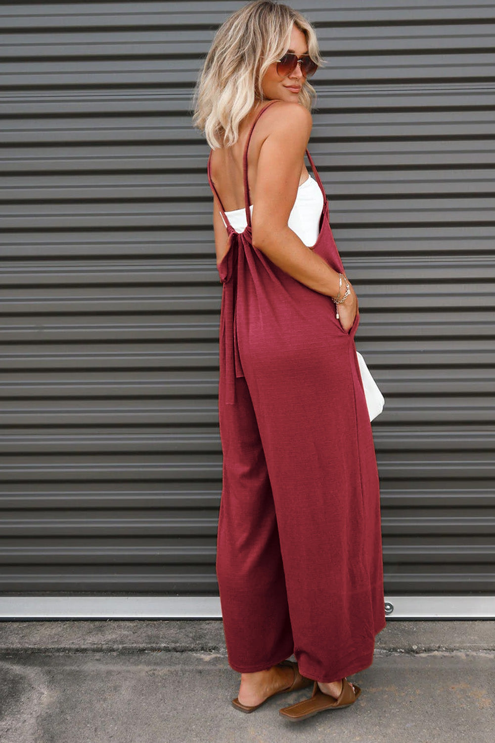 Gray Casual Spaghetti Strap Backless Wide Leg Jumpsuit