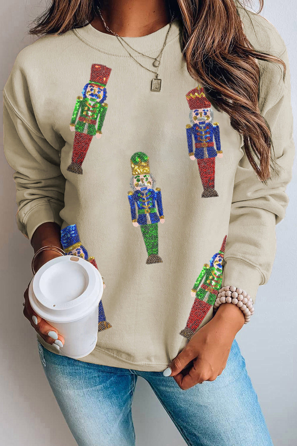 Khaki Sequins Nutcracker Casual Graphic Sweatshirt