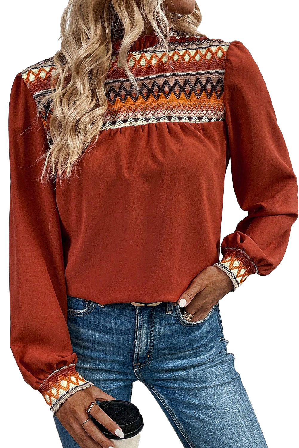 Clay Red Geometric Frilled Neck Puff Sleeve Blouse