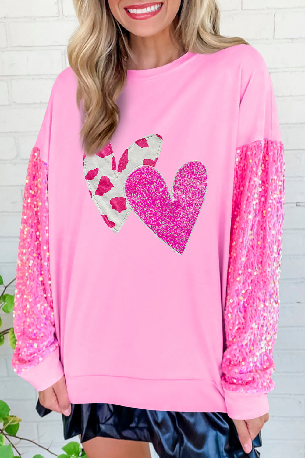 Pink Valentines Heart Graphic Sequin Patchwork Long Sleeve Top