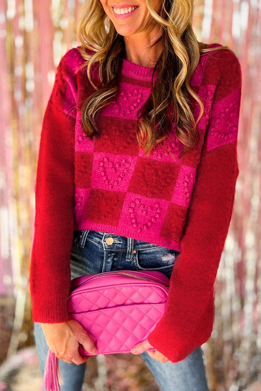 Multicolor Checkered Pattern Pompom Heart Knitted Sweater