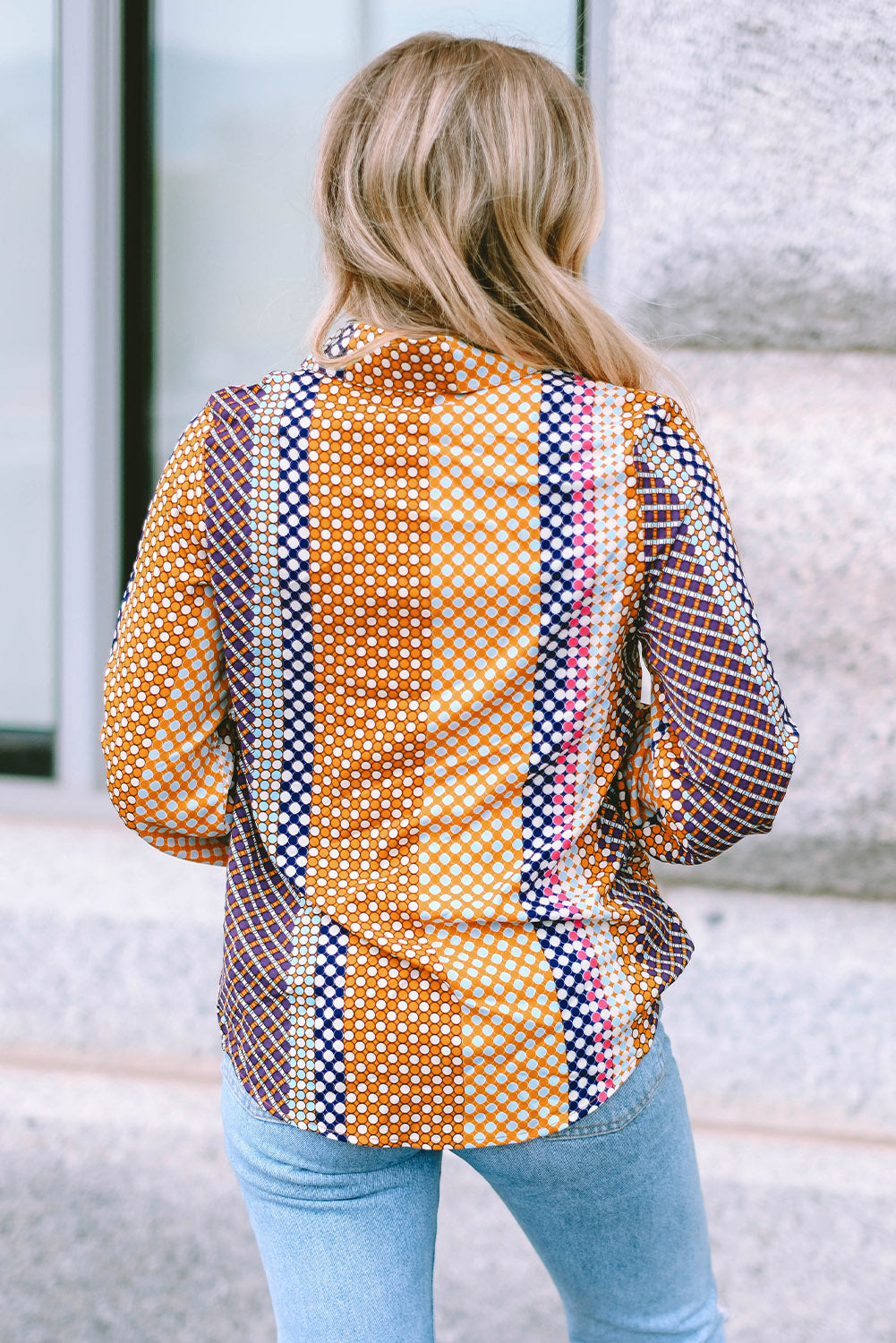 Brown Dot Print Long Sleeve Button Down Shift Shirt