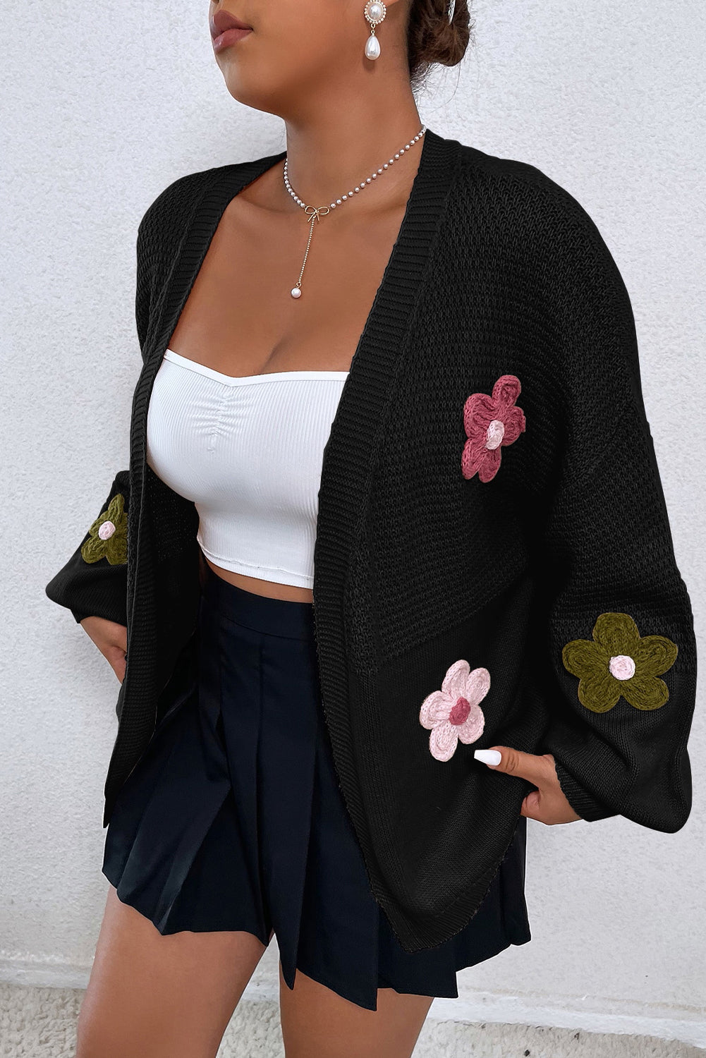 Black Floral Applique Drop Shoulder Bubble Sleeve Cardigan