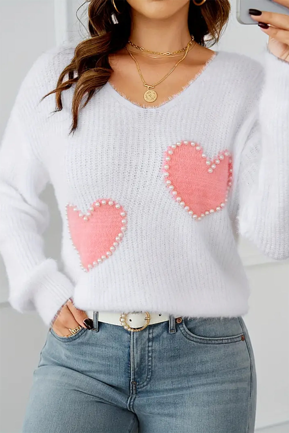 White Pearl Heart Pattern V Neck Knit Sweater