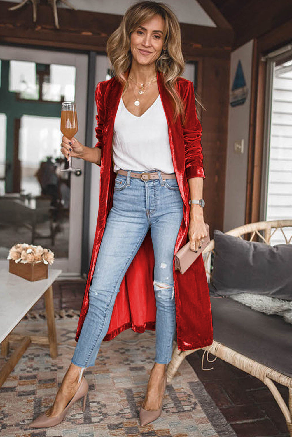 Red Velvet Open Front Pocketed Long Duster