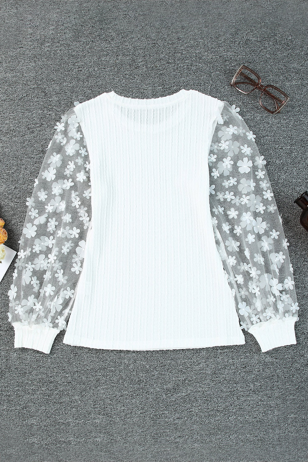 White Floral Applique Mesh Sleeves Textured Knit Blouse