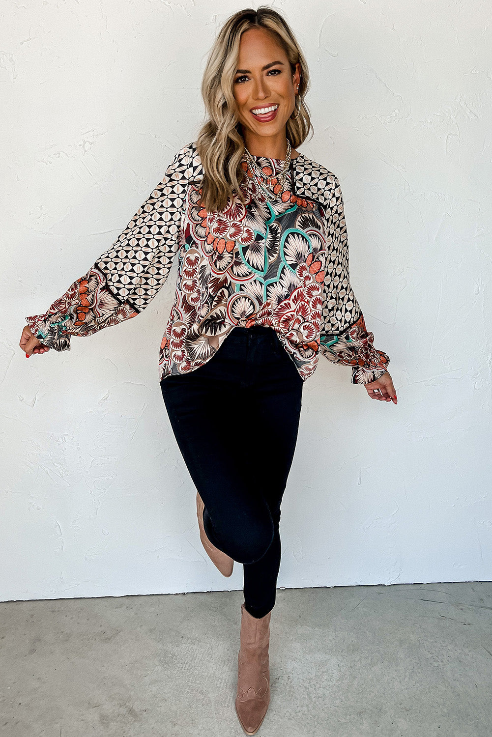 Black Black Black Mixed Floral Geometric Print Ruffled Long Sleeve Blouse