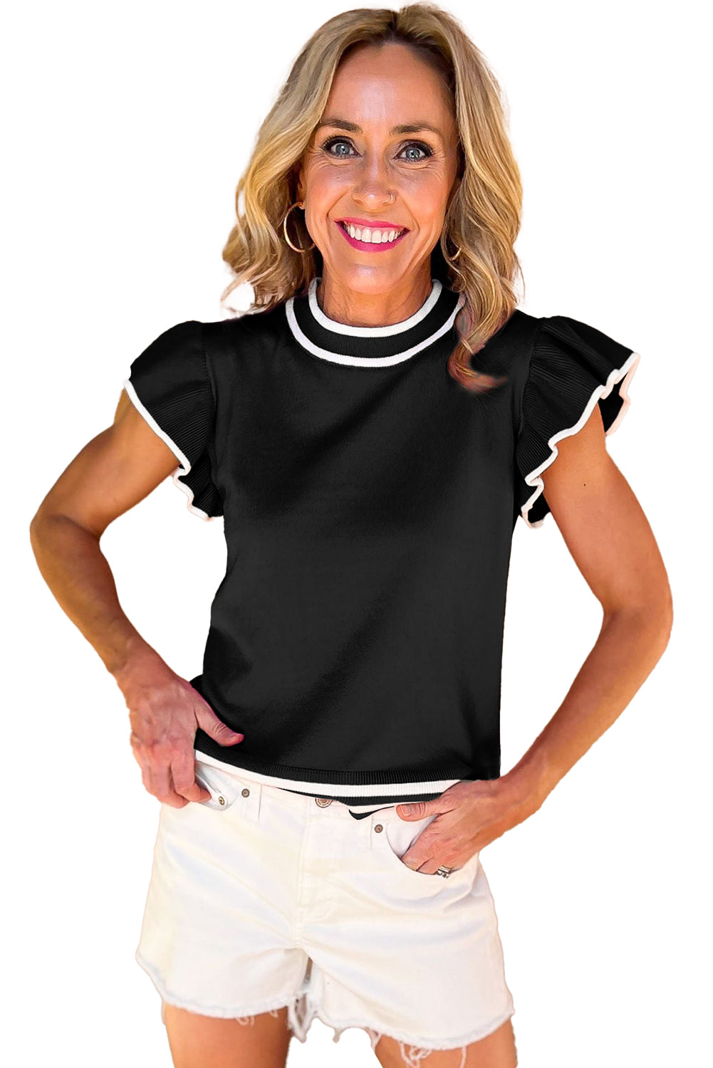 Black Contrast Trim Ruffled Sleeve Knit Blouse