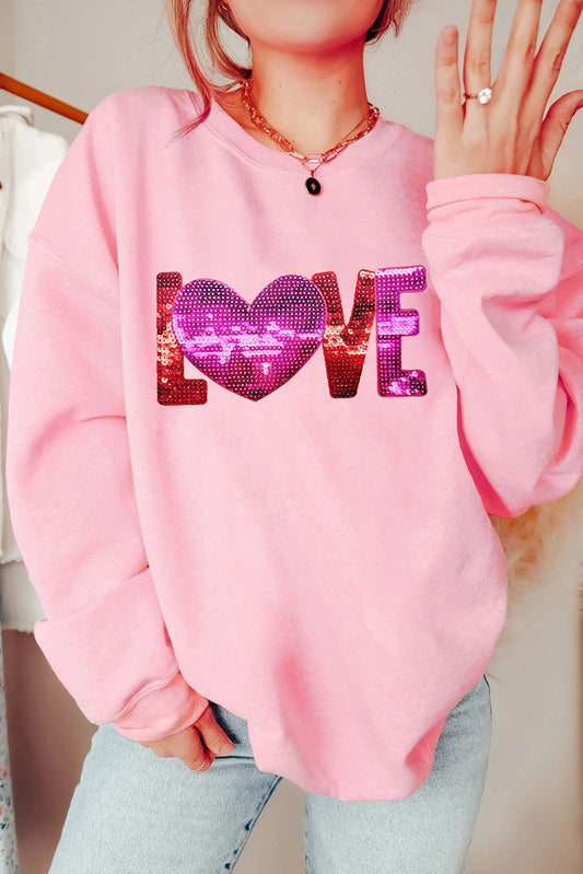 Pink LOVE Patched Pattern Drop Shoulder Valentines Pullover Sweatshirt