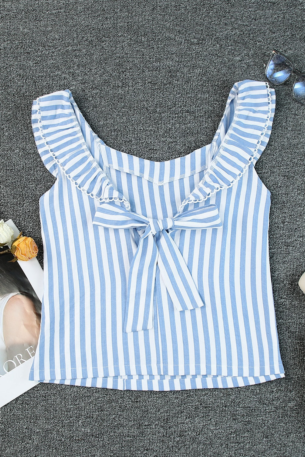 Blue Striped Tie Back Ruffle Trim Tank Top