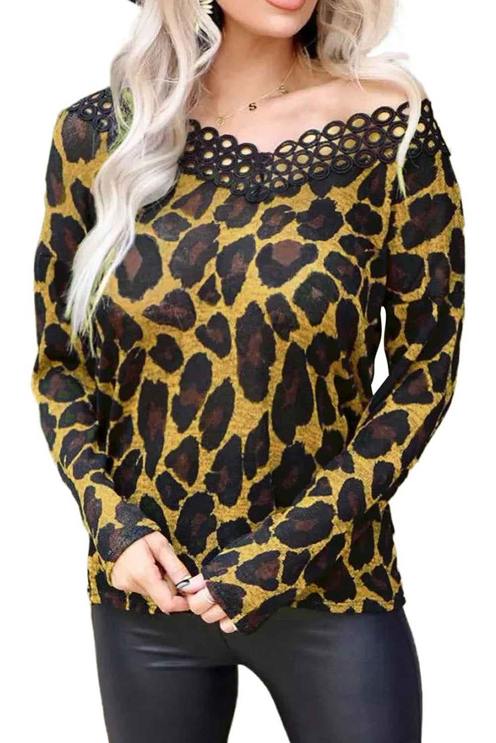 Brown Lace Splicing Hollow Out Leopard Blouse