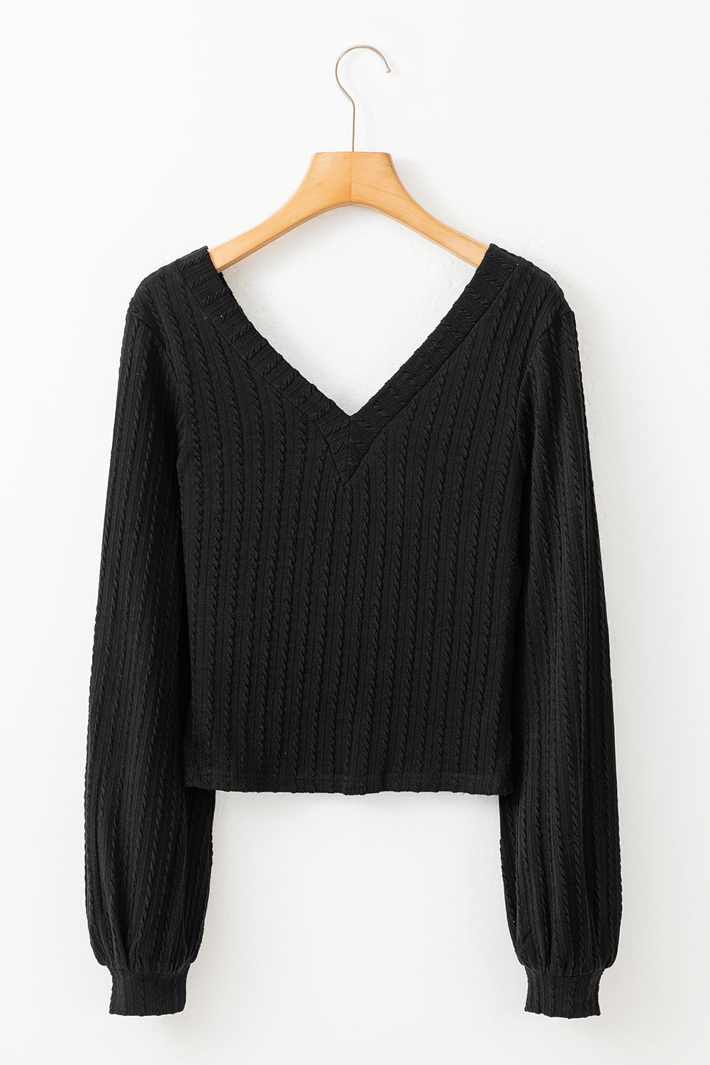 Black Knitted Jacquard V Neck Lantern Sleeve Top