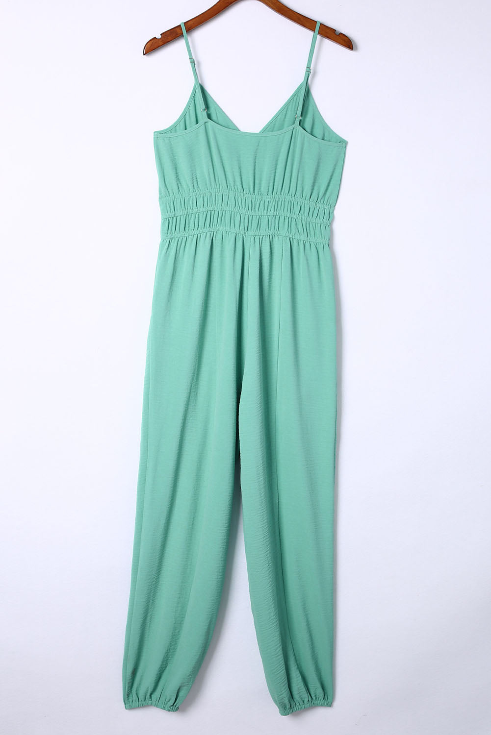 Green Shirred High Waist Sleeveless V Neck Jumpsuit