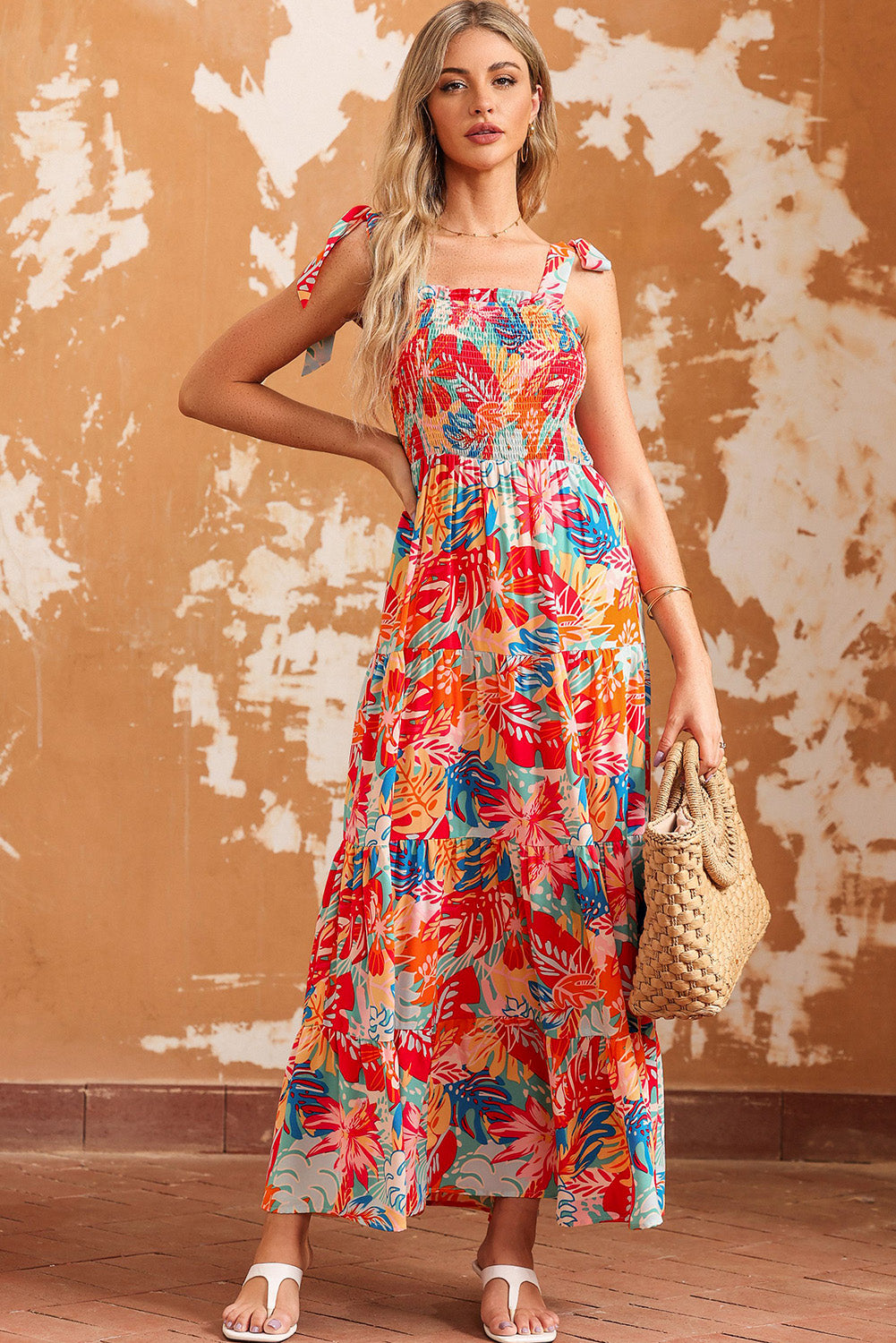 Multicolor Vibrant Tropical Print Smocked Ruffle Tiered Maxi Dress