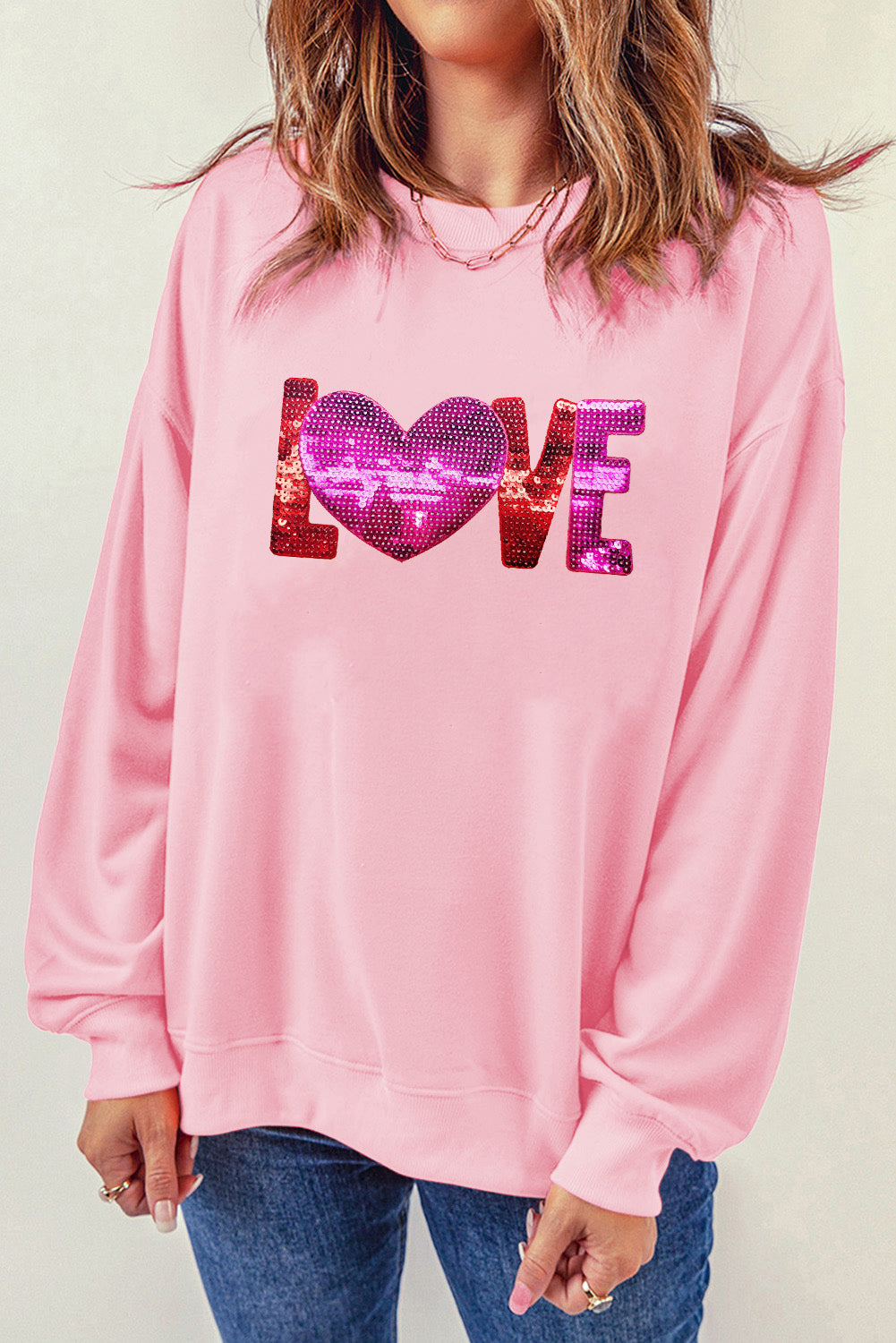 Pink LOVE Patched Pattern Drop Shoulder Valentines Pullover Sweatshirt