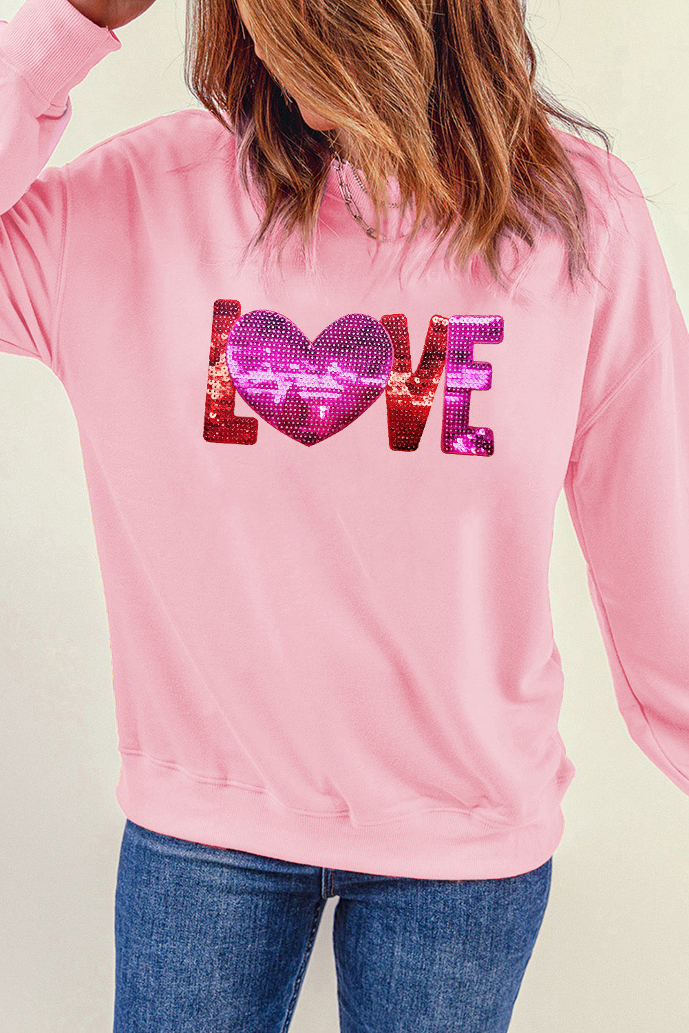 Pink LOVE Patched Pattern Drop Shoulder Valentines Pullover Sweatshirt