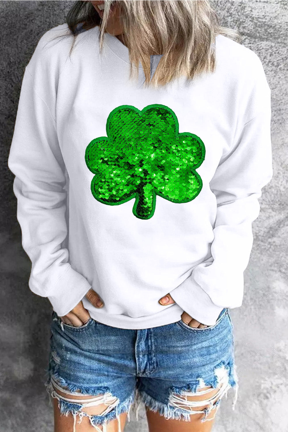 White Sequin Clover Embroidered Drop Shoulder Graphic Sweatshirt