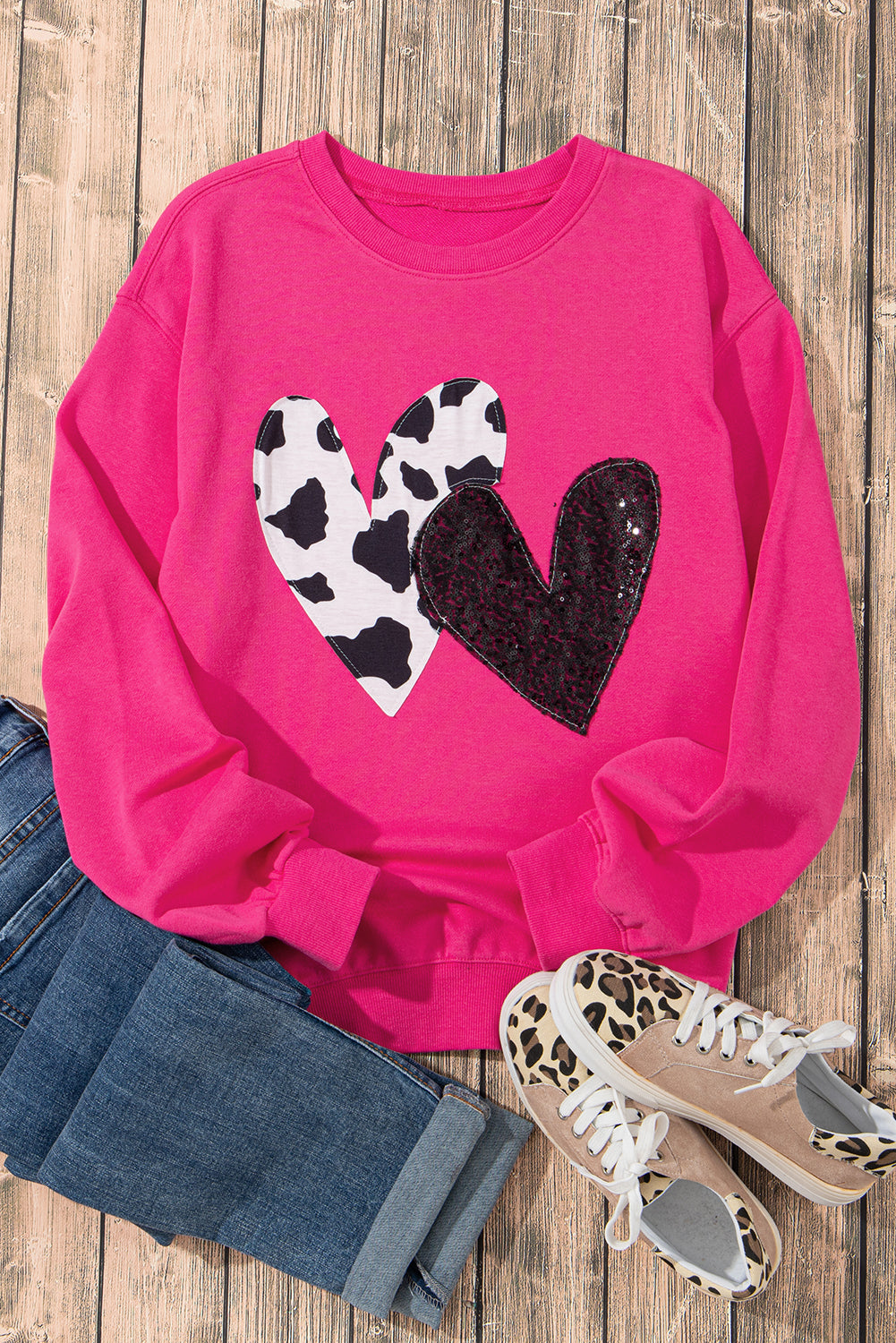 Strawberry Pink Sequins Heart Patch Graphic Sweatshirt