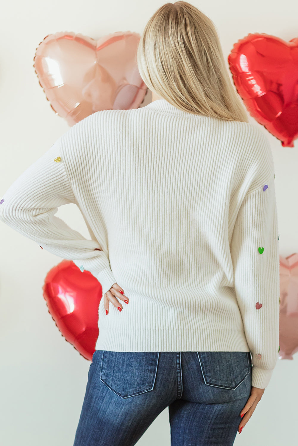 Beige Sequin Heart Shape Waffle Knit Round Neck Sweater