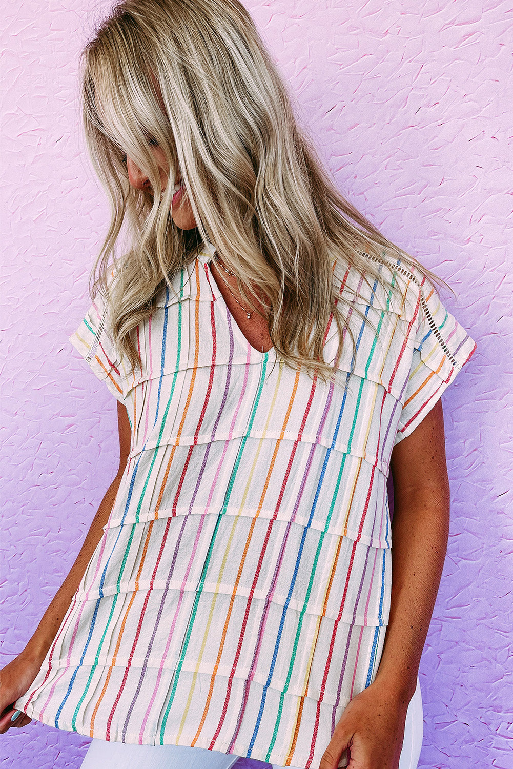 Multicolor Striped Short Sleeve Blouse for Women