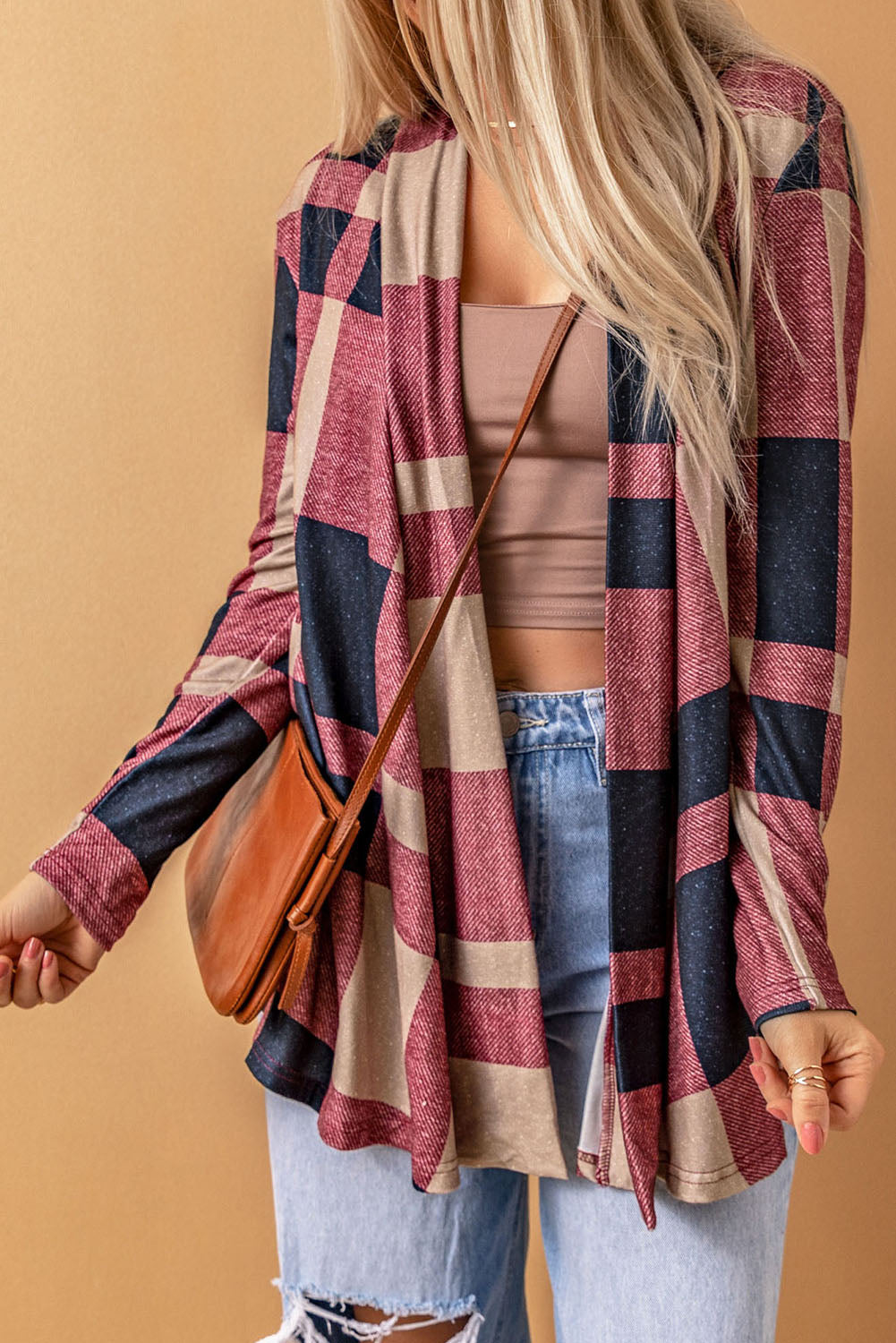 Draped Open Front Plaid Cardigan