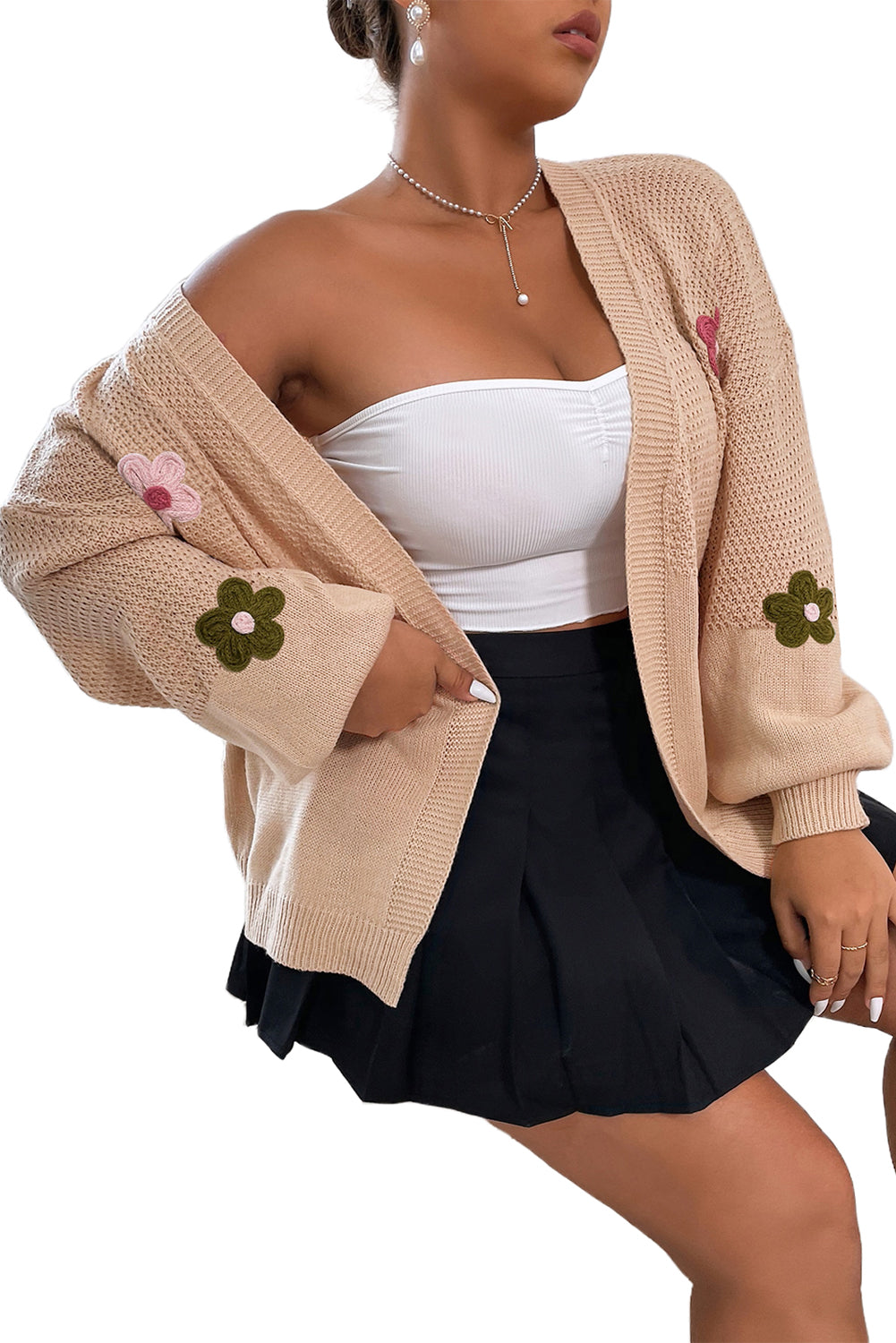 Black Floral Applique Drop Shoulder Bubble Sleeve Cardigan