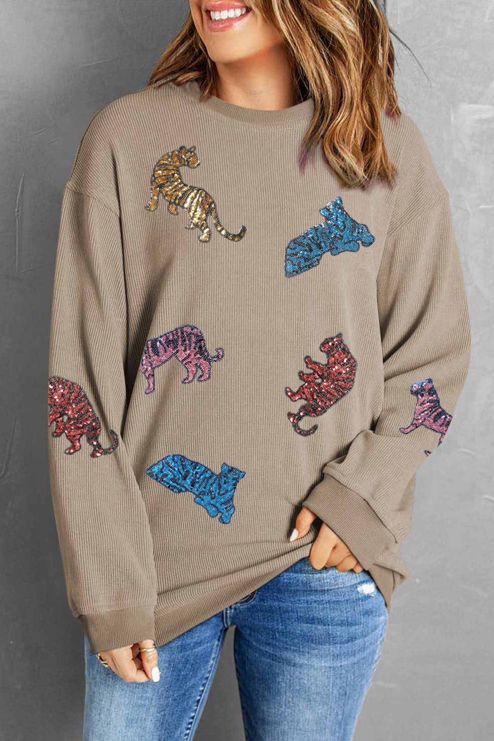 Khaki Corded Vintage Sequin Cheetah Graphic Sweatshirt