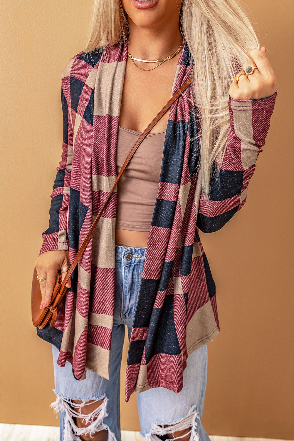 Draped Open Front Plaid Cardigan