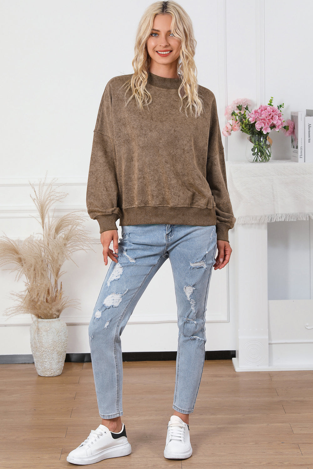 Brown Drop Shoulder Crew Neck Pullover Sweatshirt