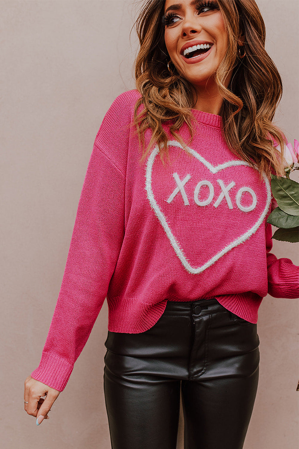 Rose Heart XOXO Pattern Casual Knitted Sweater