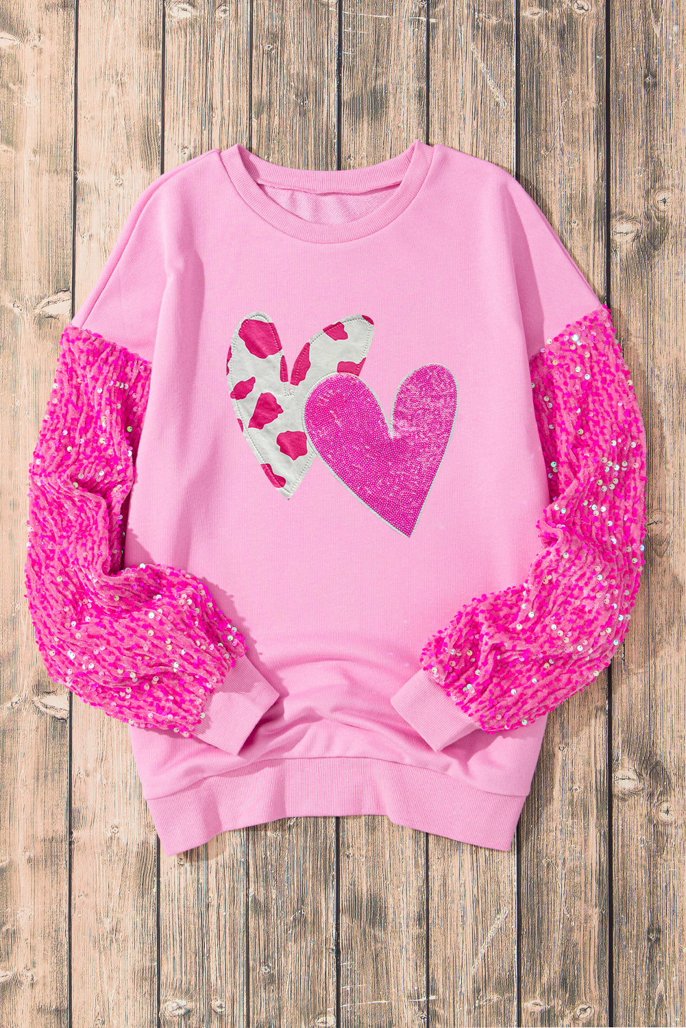 Pink Valentines Heart Graphic Sequin Patchwork Long Sleeve Top