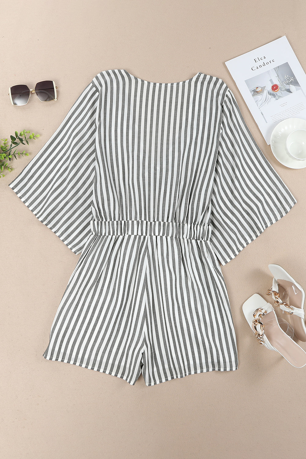 Gray 3/4 Wide Kimono Sleeves Tie Front Striped Romper with Pockets