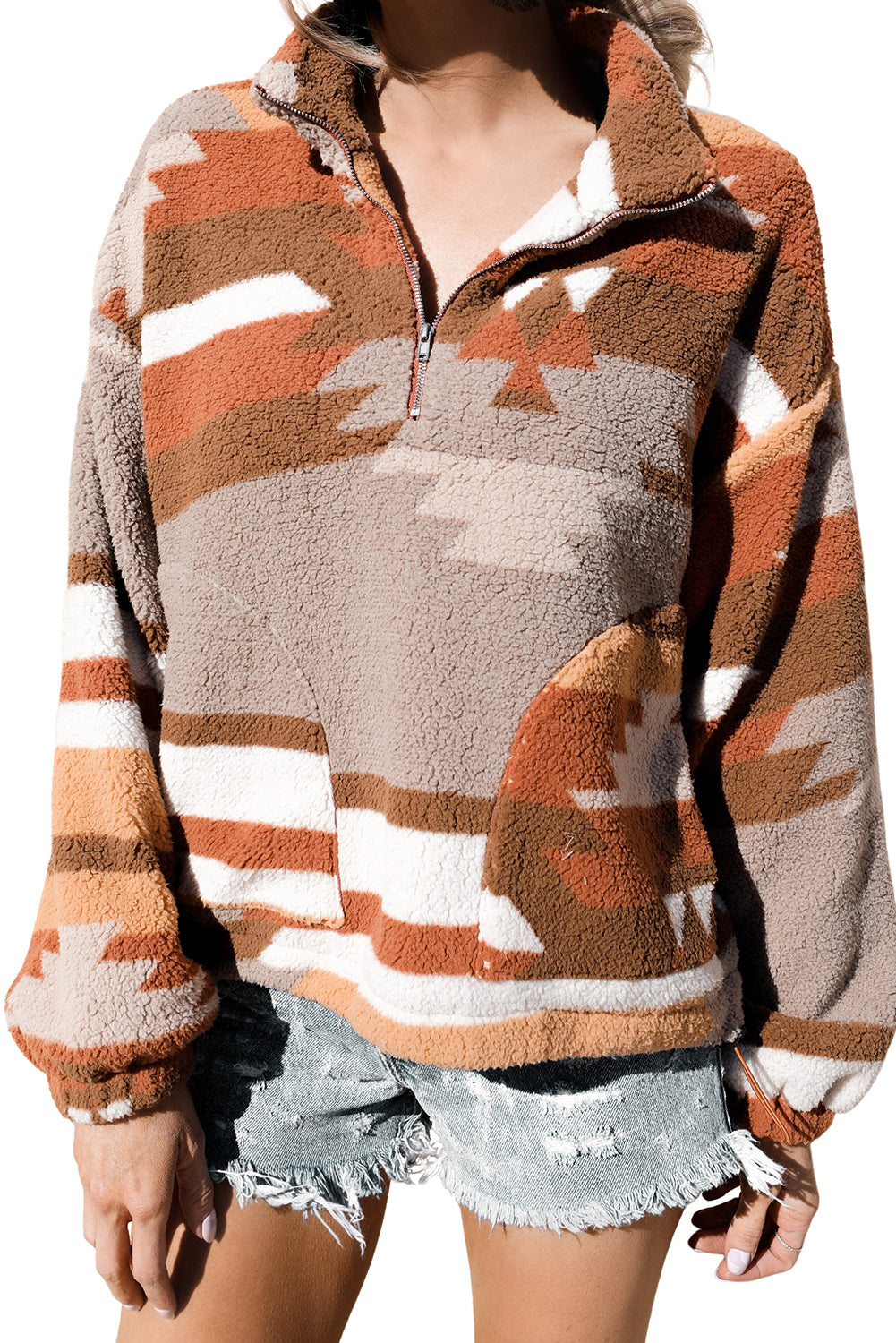 Multicolor Geometric Quarter Zip Pocketed Fleece Sweatshirt