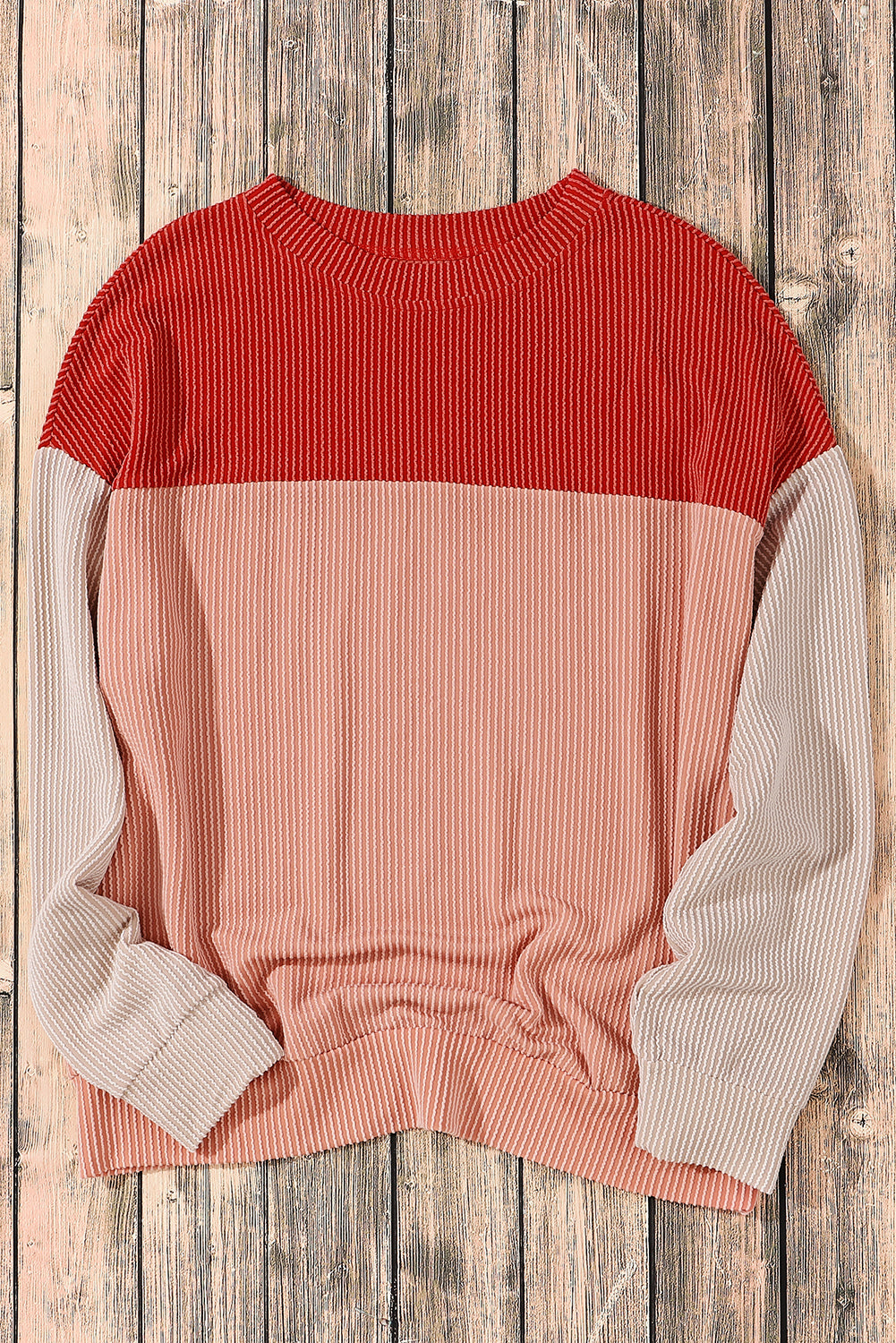 Red Color Block Long Sleeve Ribbed Loose Top