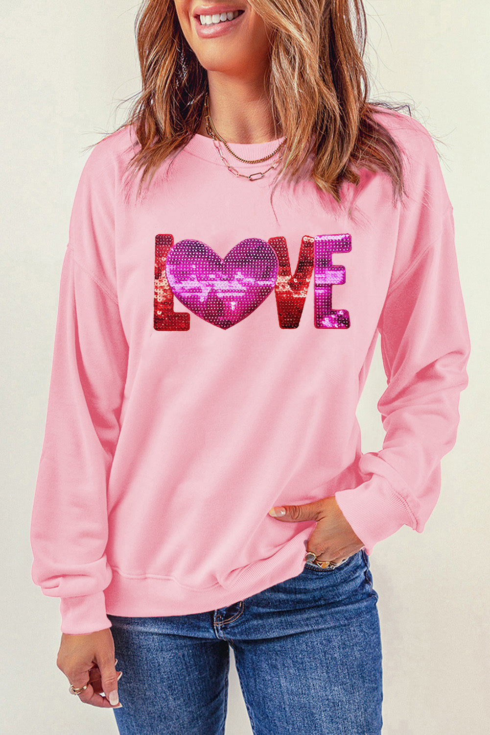 Pink LOVE Patched Pattern Drop Shoulder Valentines Pullover Sweatshirt