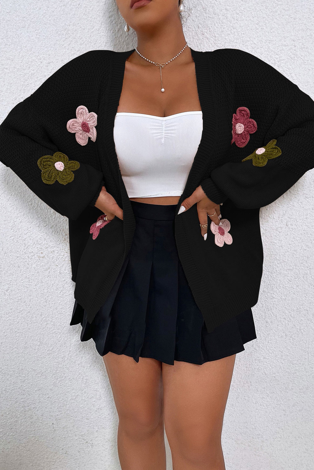 Black Floral Applique Drop Shoulder Bubble Sleeve Cardigan