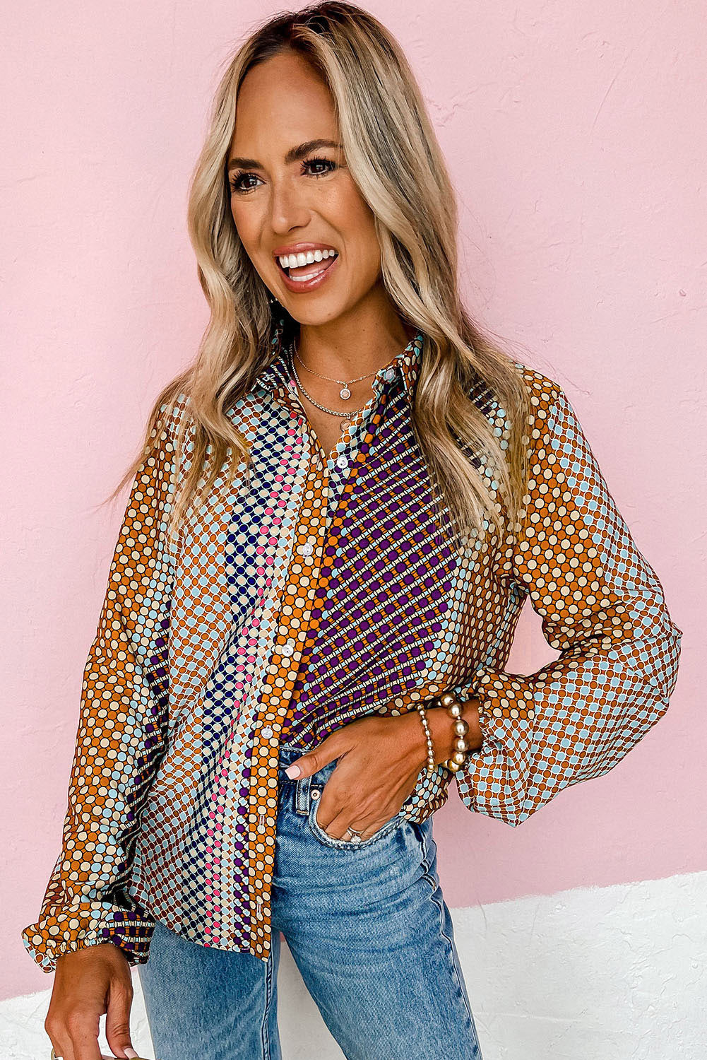 Brown Dot Print Long Sleeve Button Down Shift Shirt