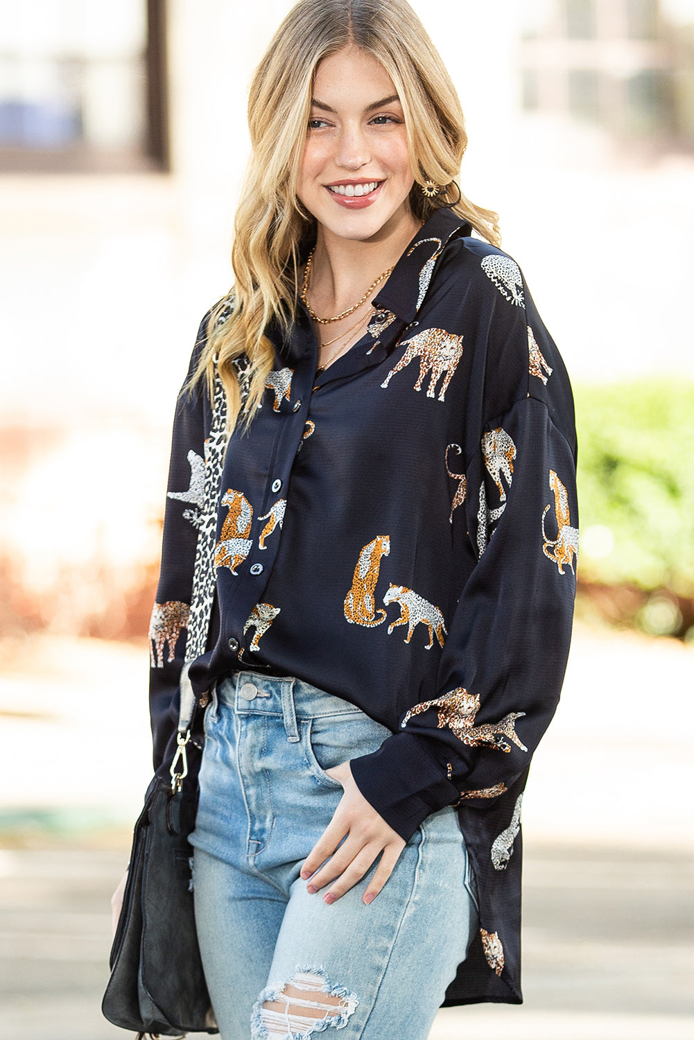 Russet Orange Animal Print Button Up Satin Tunic Shirt